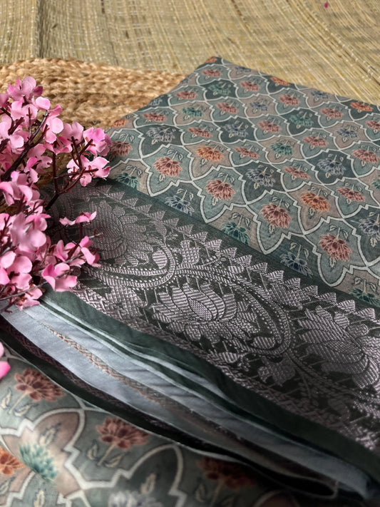 Banarasi Greyish Cotton Saree Digital Print