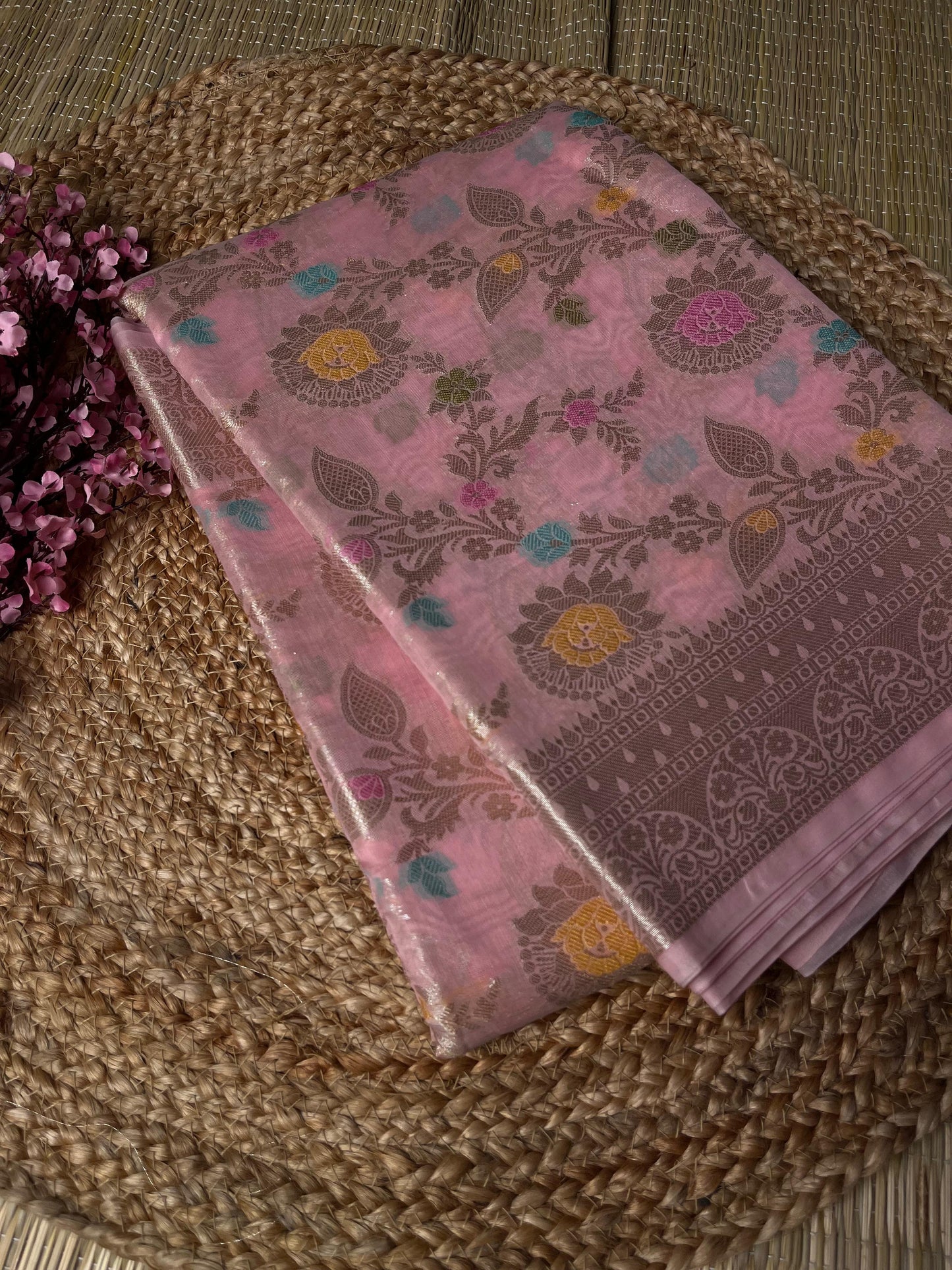 Banarasi Pink Cotton Jaal Saree