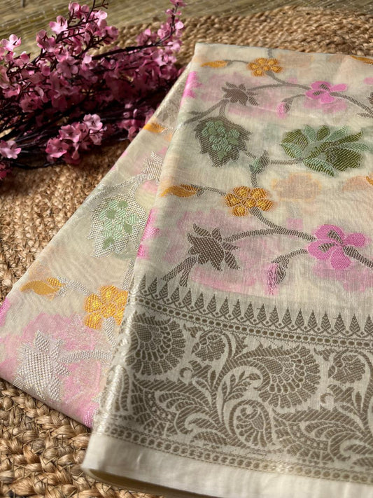 Pure Banarasi offwhite Cotton Meena Jaal Saree