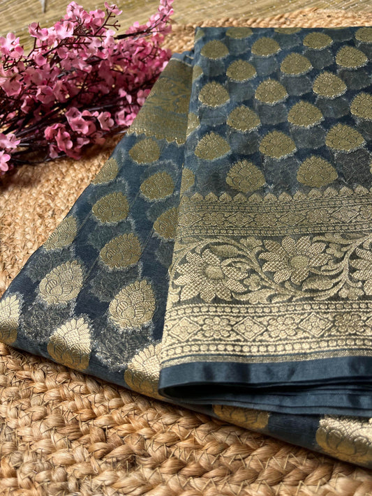 Banarasi Navy Blue Organza Buti Saree