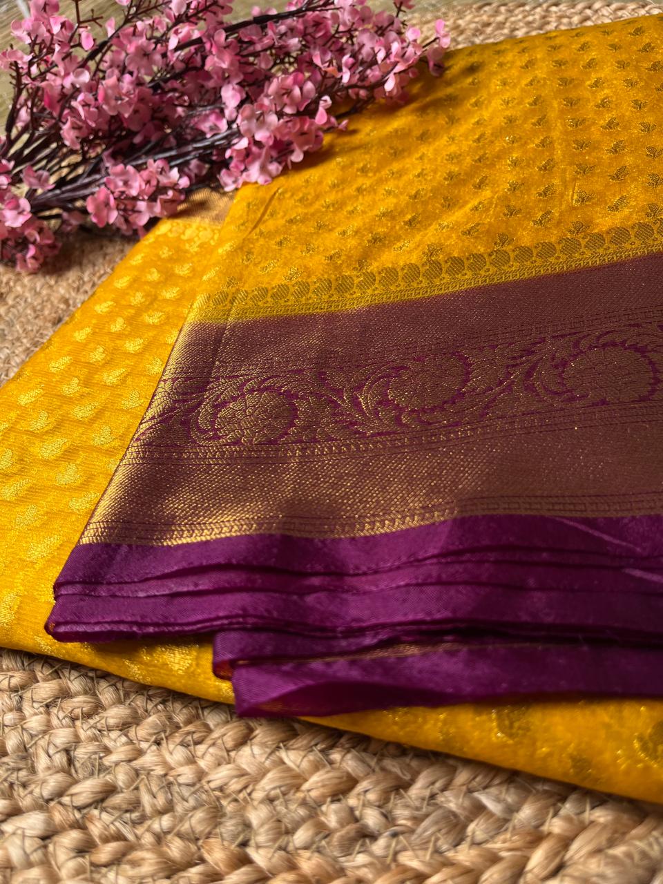 Banarasi Yellow Organza Buti Contrast Border