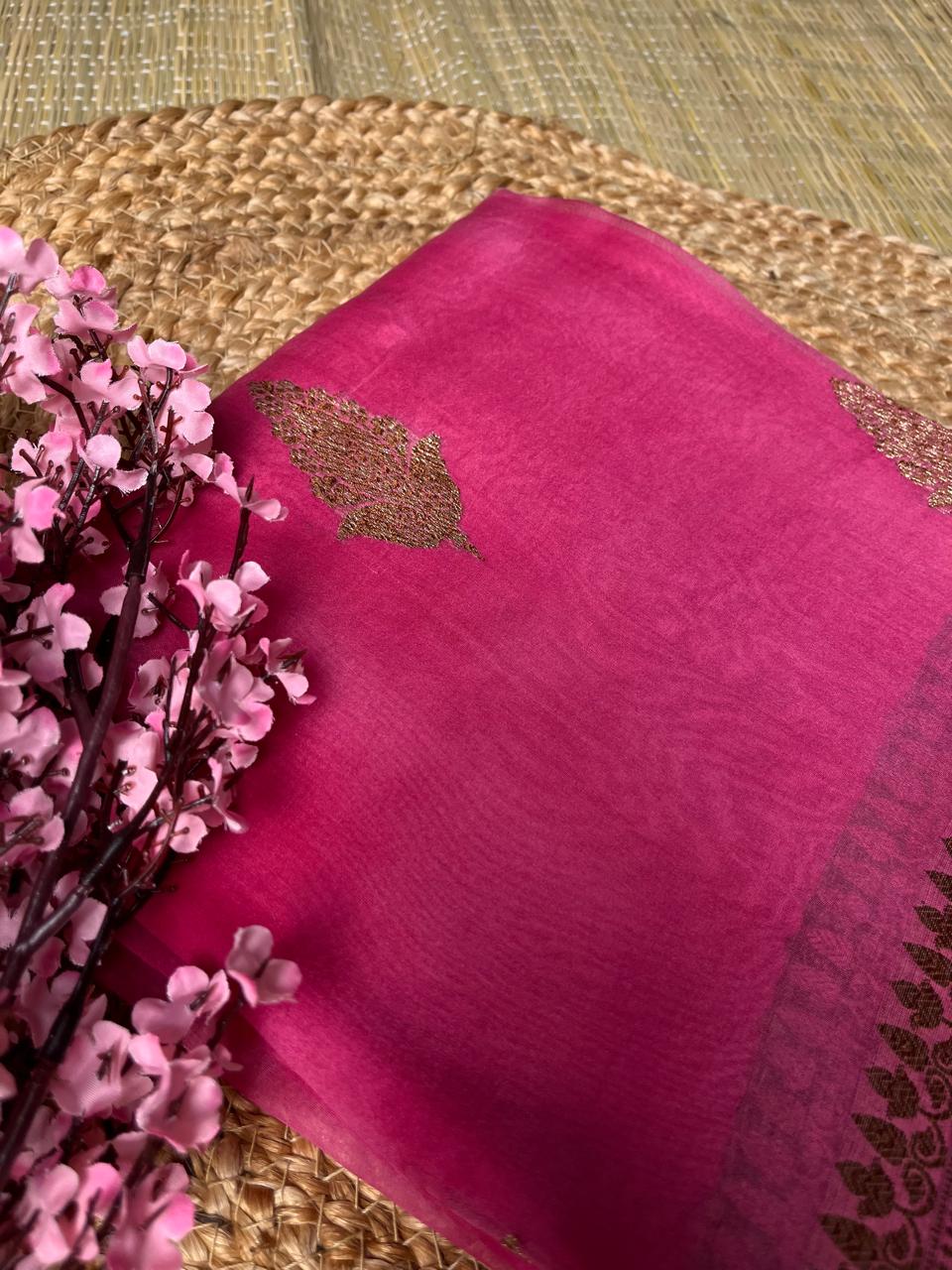 Banarasi Pink Organza Antique Zari Saree