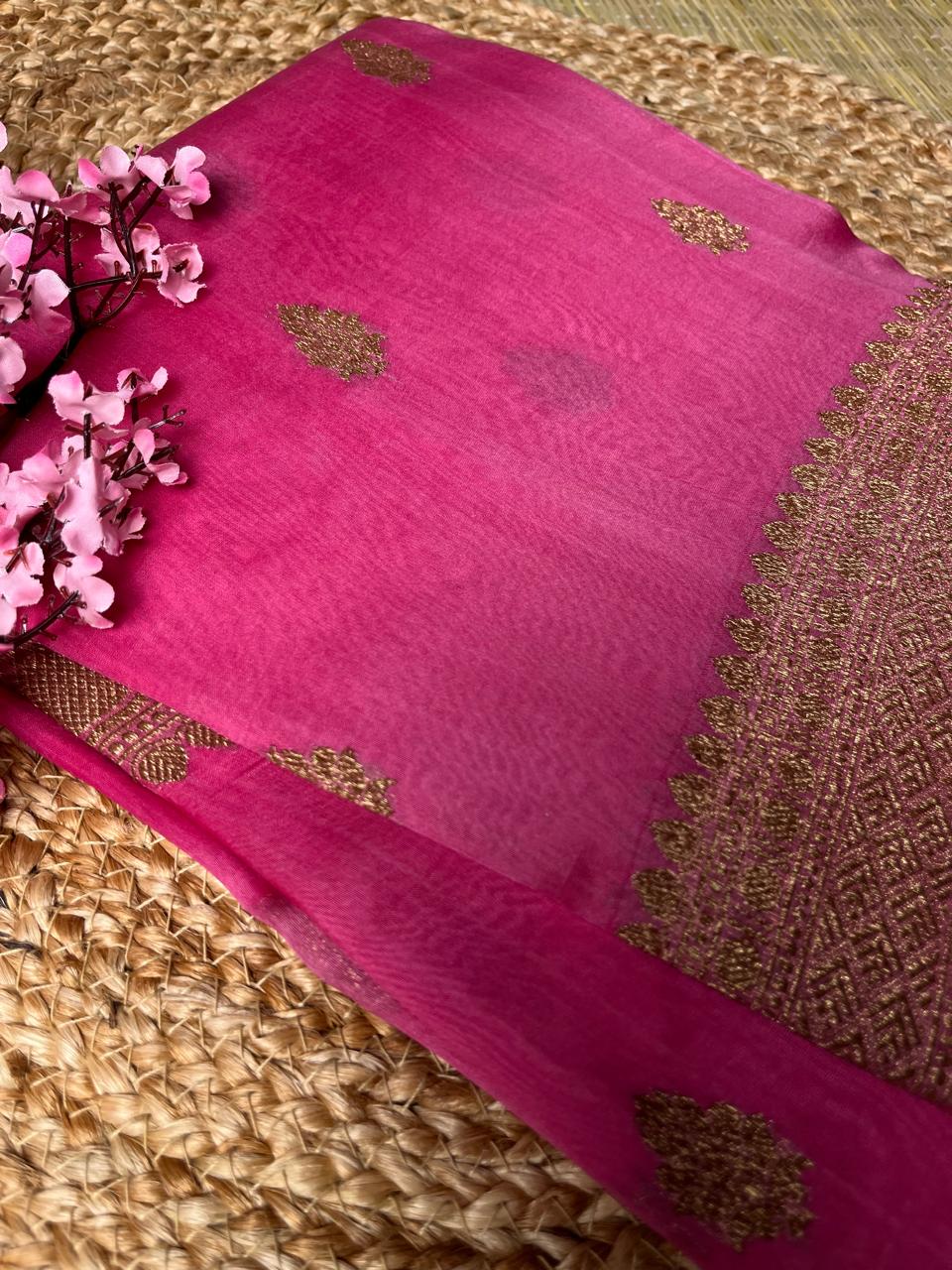 Banarasi Pink Organza Antique Zari Saree