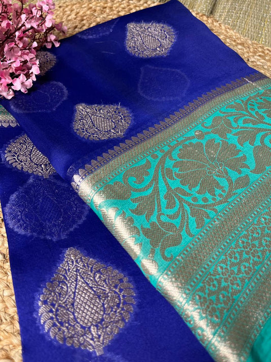 Banarasi Blue Organza Saree Contrast Border