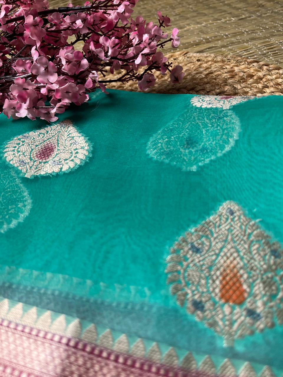 Banarasi Sea Green Organza Saree Meena Contrast Border