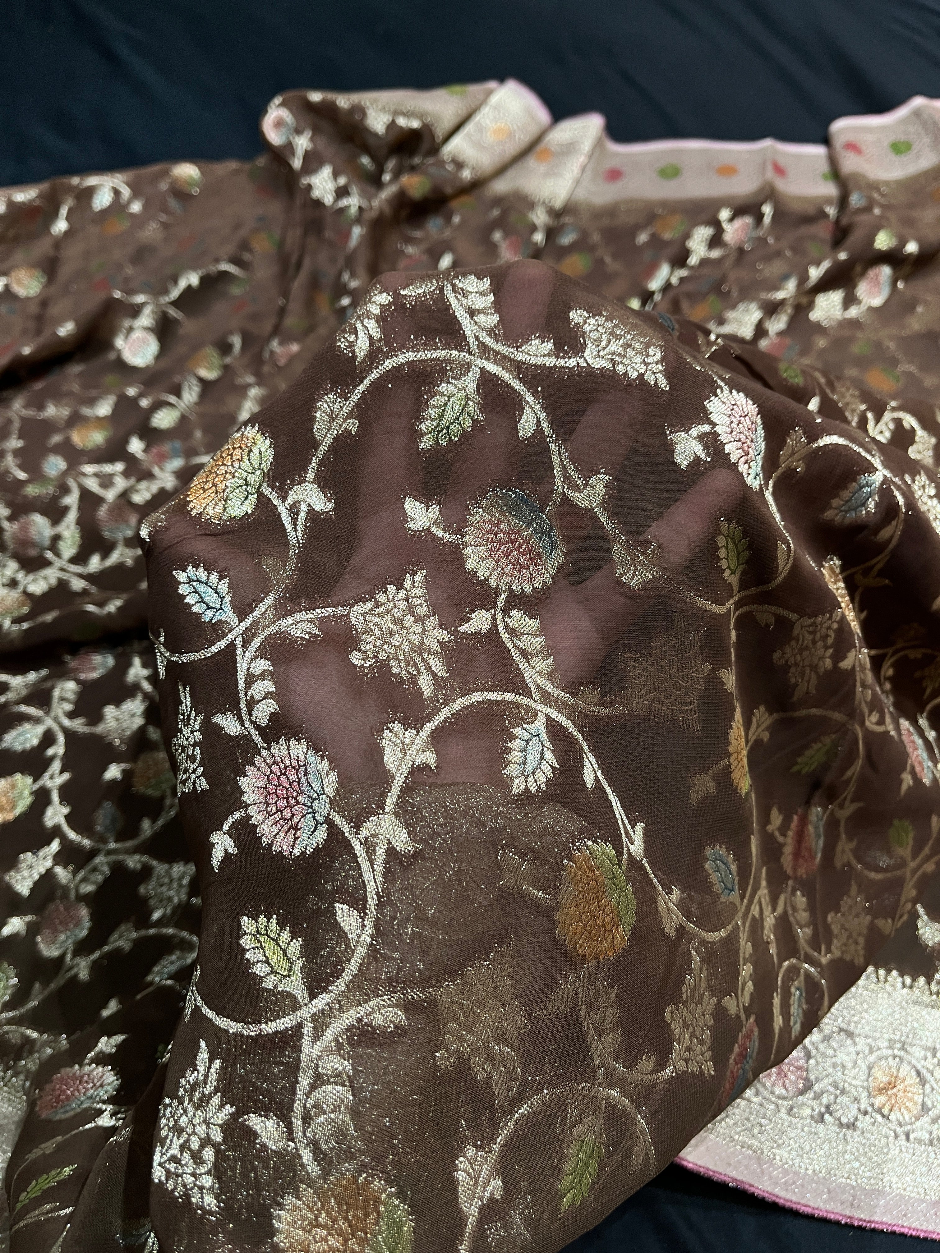 Brown Meena Khaddi Georgette Jaal Saree