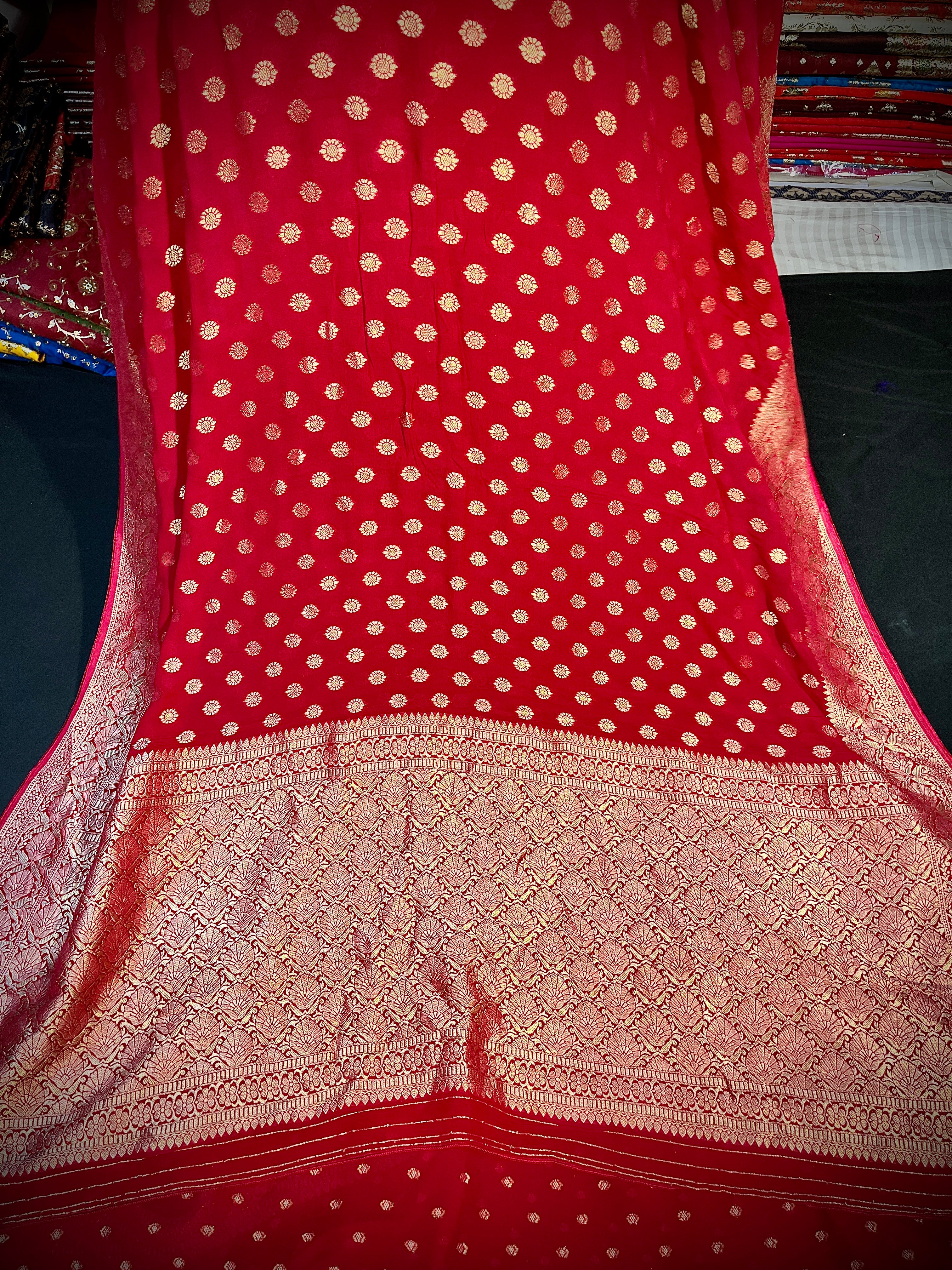 Red Circular buti Khaddi Georgette