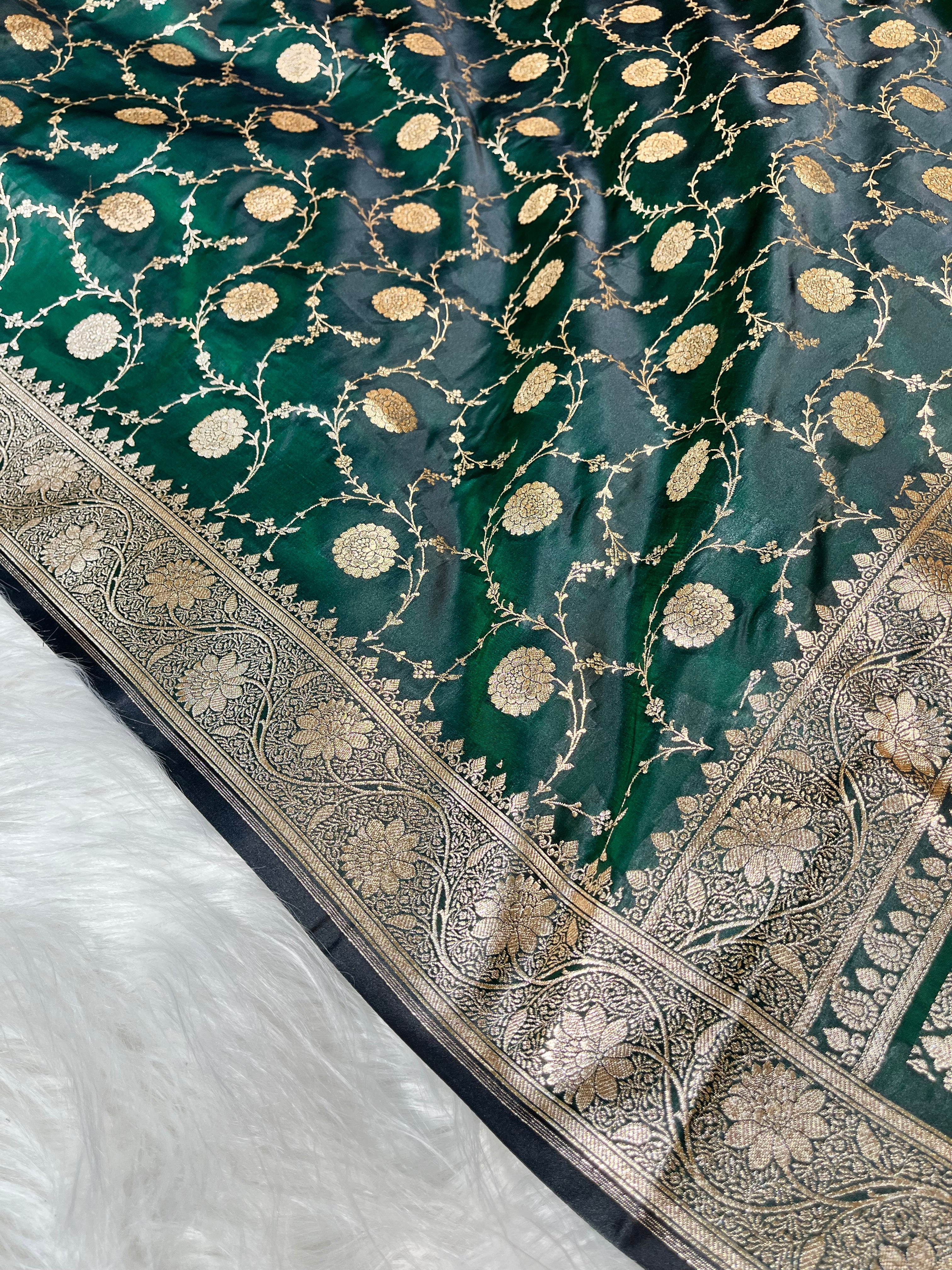 Banarasi Bottle green Satin Silk STN-001-BGRN