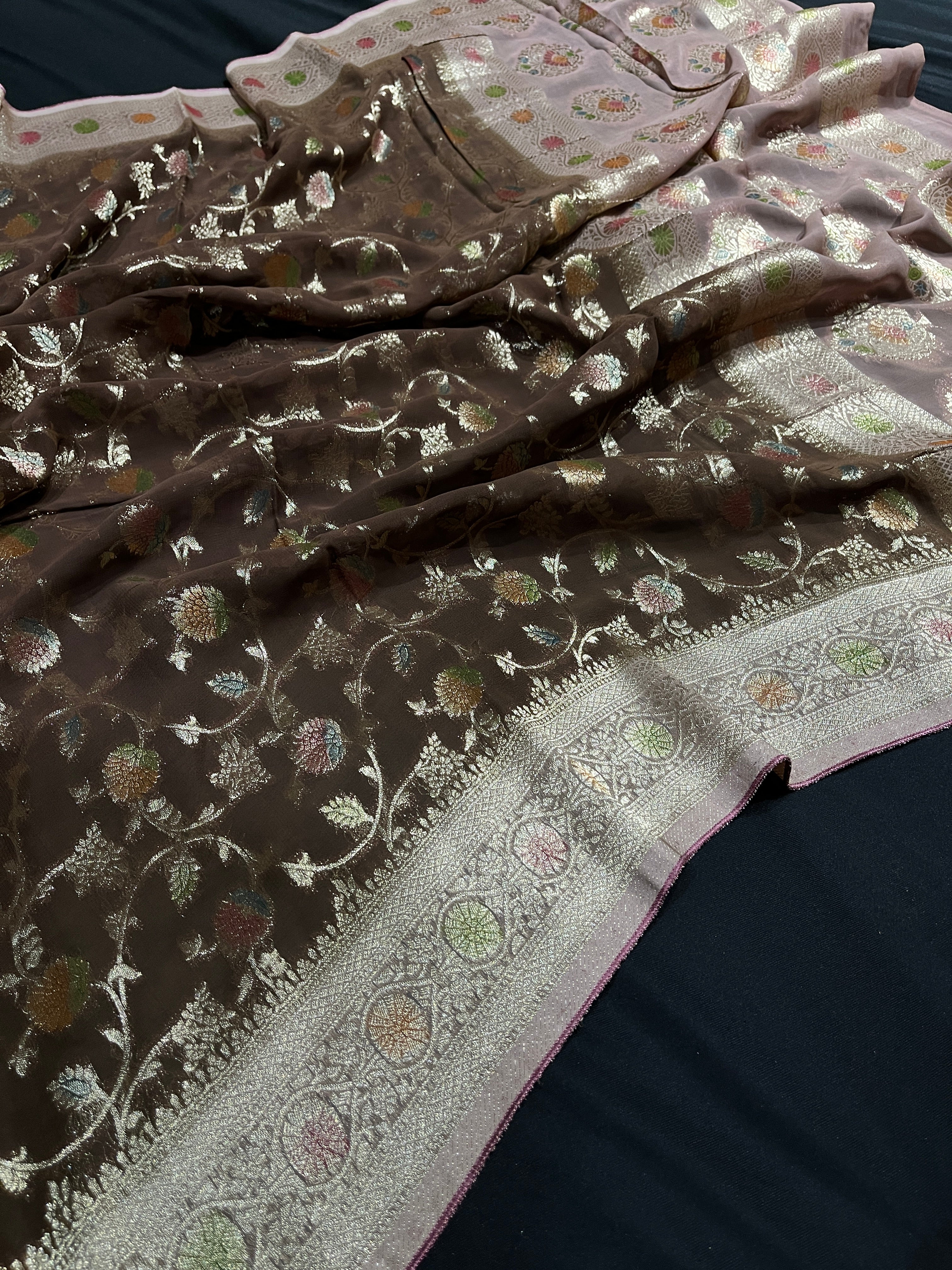 Brown Meena Khaddi Georgette Jaal Saree