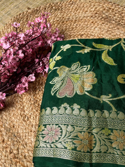 Pure Handloom Green Khaddi Chiffon Meena Saree