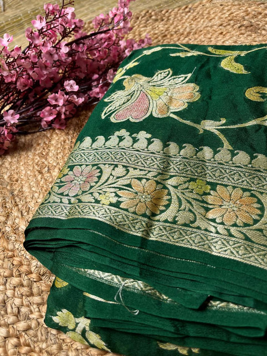 Pure Handloom Green Khaddi Chiffon Meena Saree