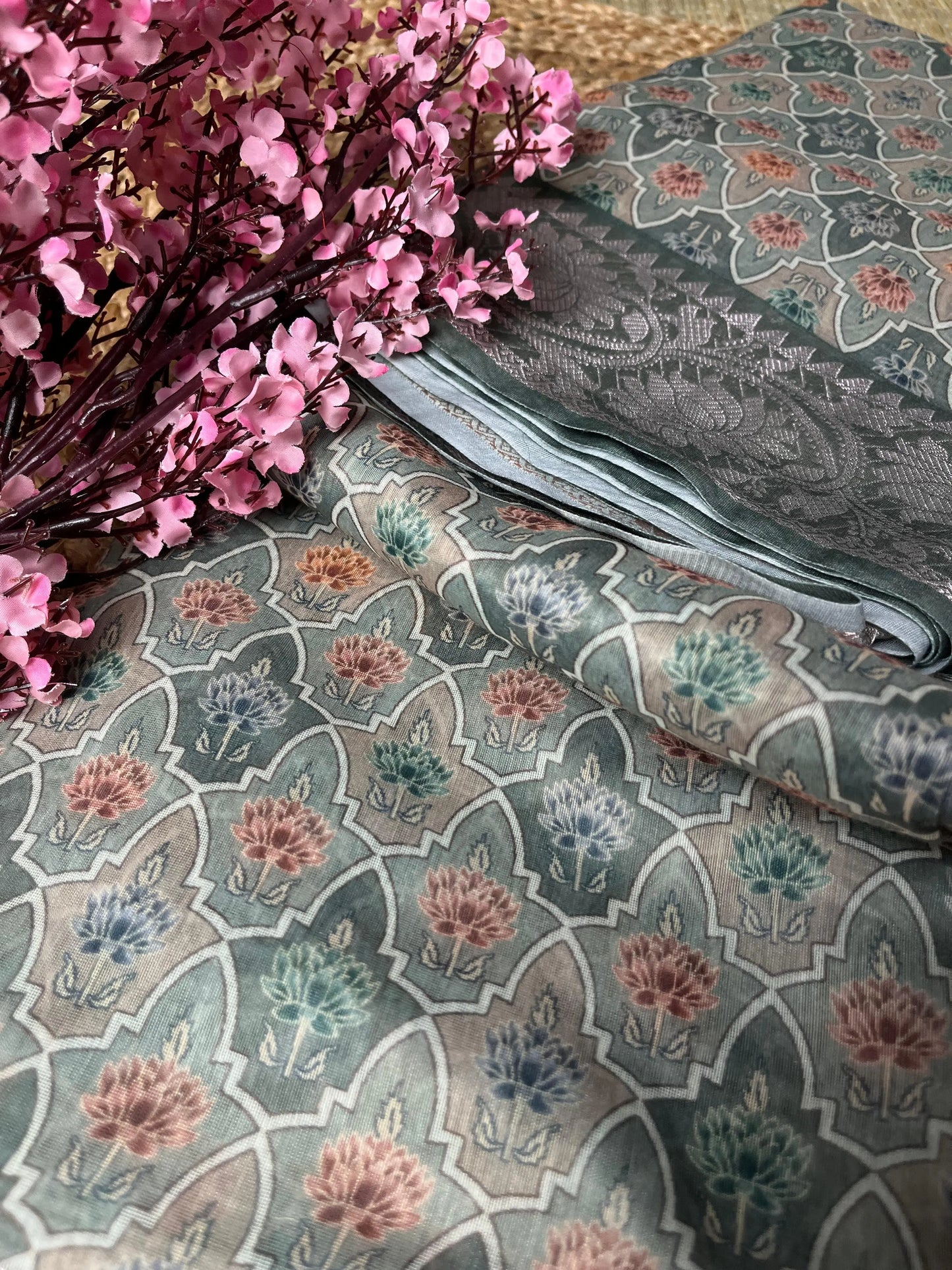 Banarasi Greyish Cotton Saree Digital Print