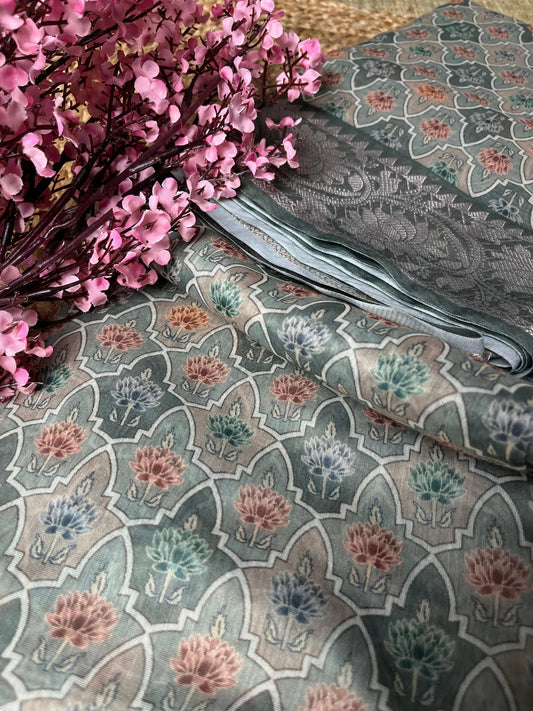 Banarasi Greyish Cotton Saree Digital Print