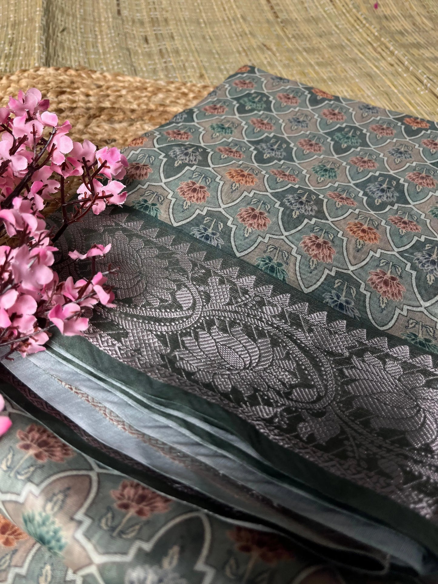 Banarasi Greyish Cotton Saree Digital Print