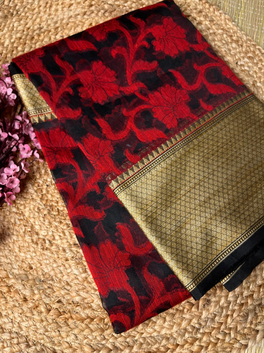 Banarasi Red Cotton Saree Jaal