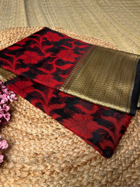 Banarasi Red Cotton Saree Jaal