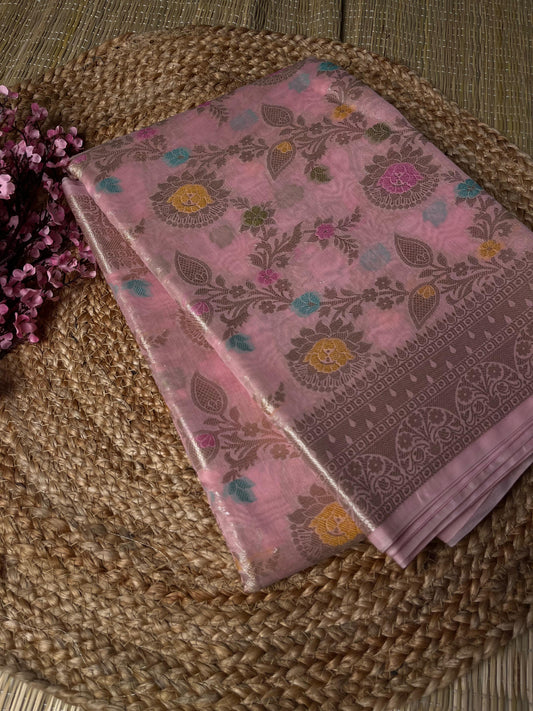 Banarasi Pink Cotton Jaal Saree