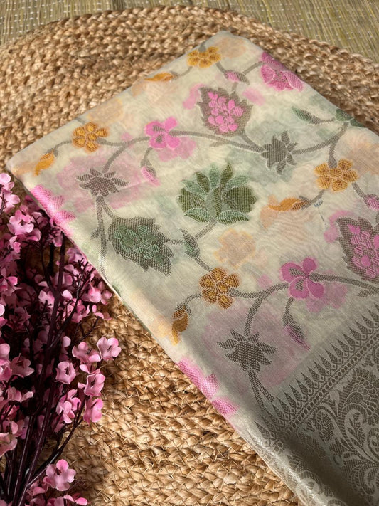 Pure Banarasi offwhite Cotton Meena Jaal Saree