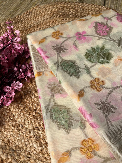 Pure Banarasi offwhite Cotton Meena Jaal Saree