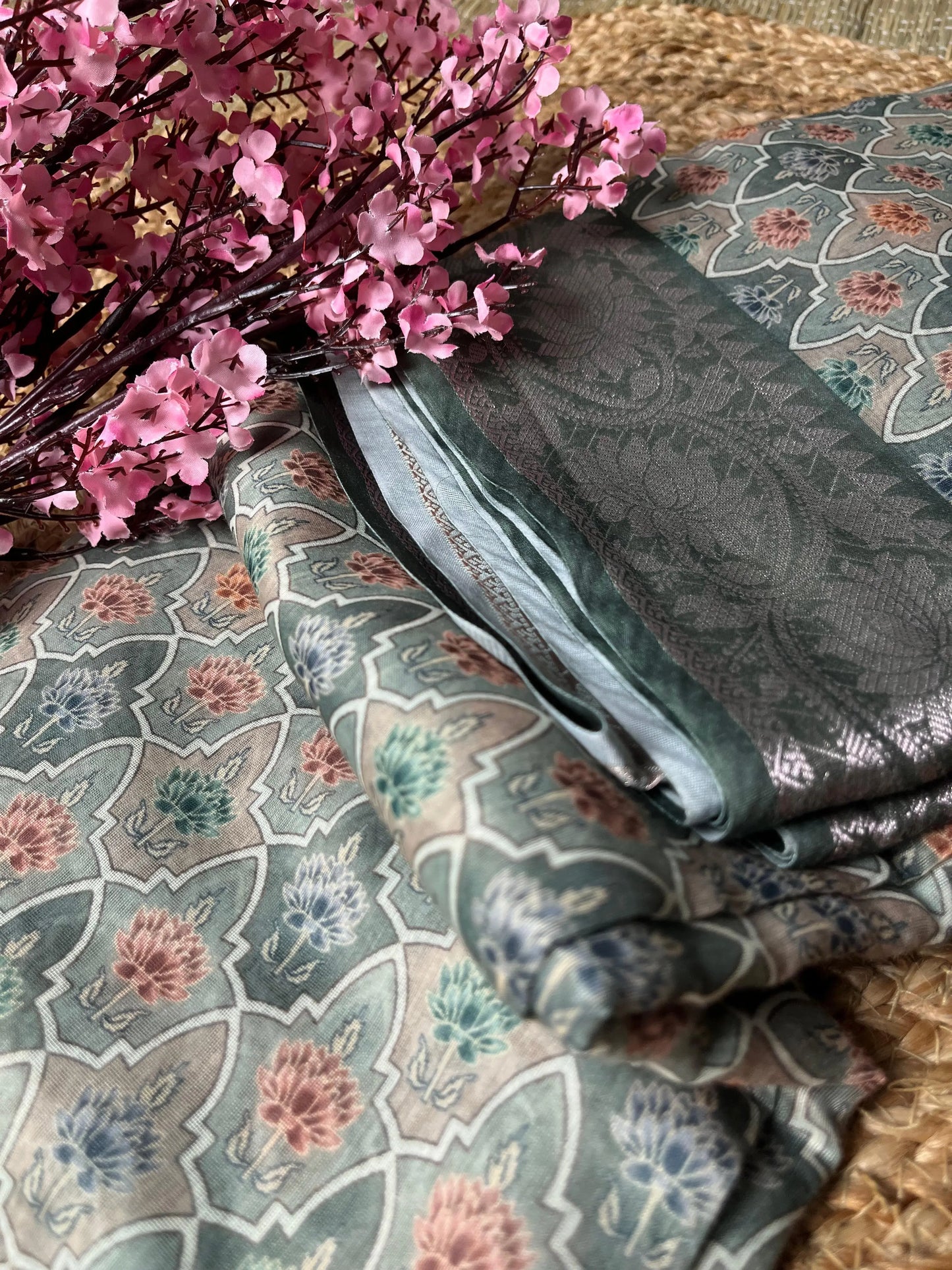 Banarasi Greyish Cotton Saree Digital Print