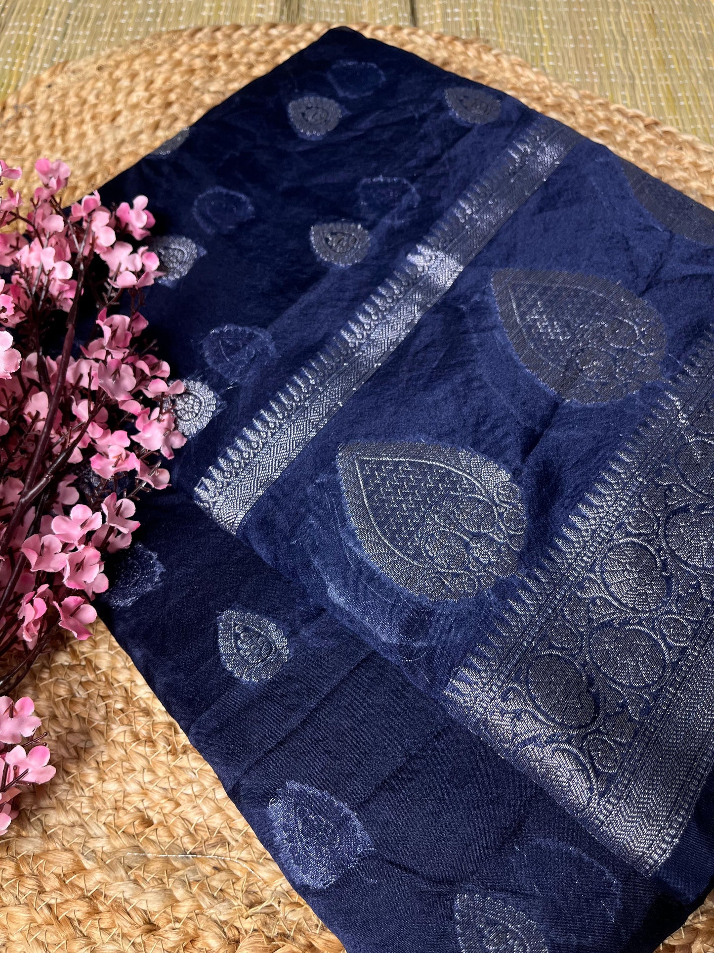 Banarasi Navy Blue Organza Buti Saree