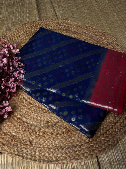 Banarasi Navy Blue Organza Lehriya Saree