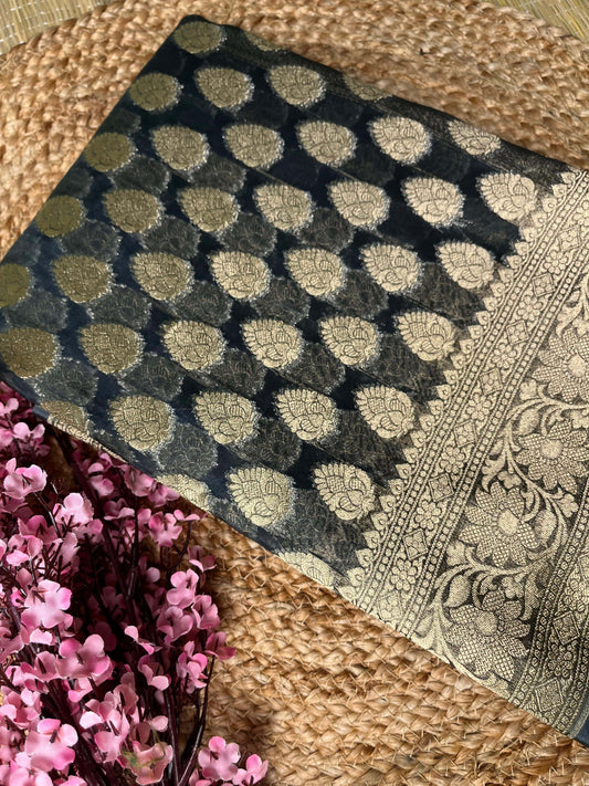 Banarasi Navy Blue Organza Buti Saree