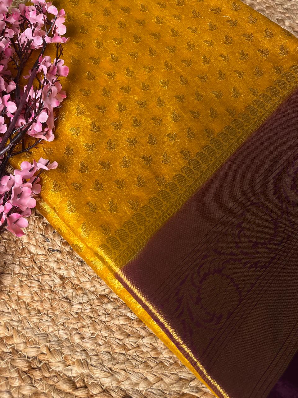 Banarasi Yellow Organza Buti Contrast Border