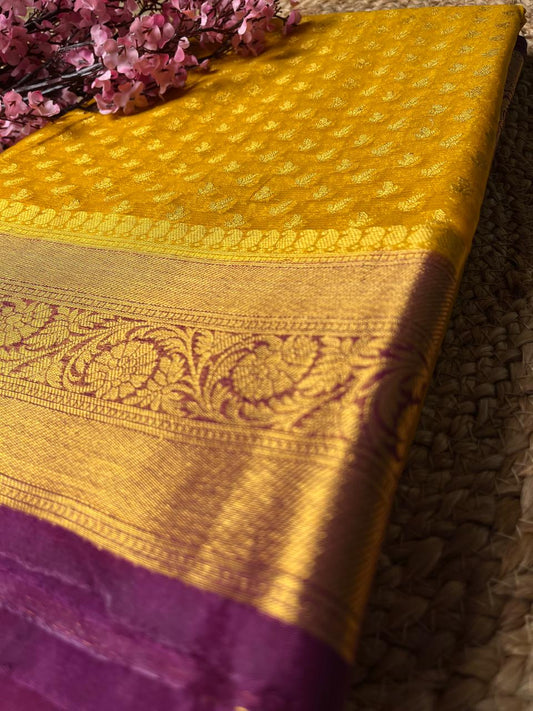 Banarasi Yellow Organza Buti Contrast Border