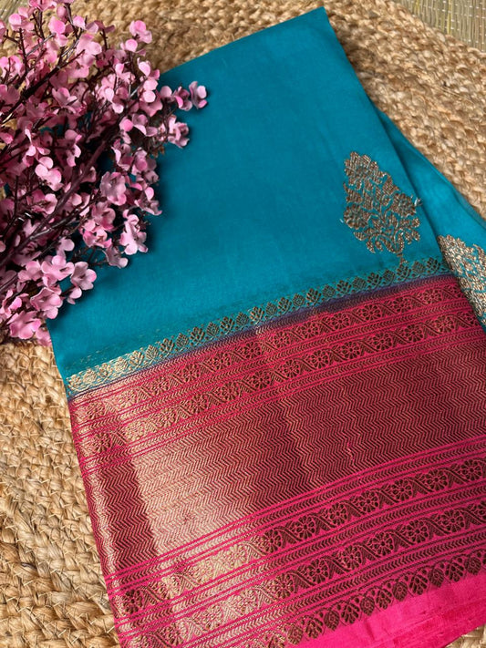Banarasi Blue Organza Saree Contrast Border
