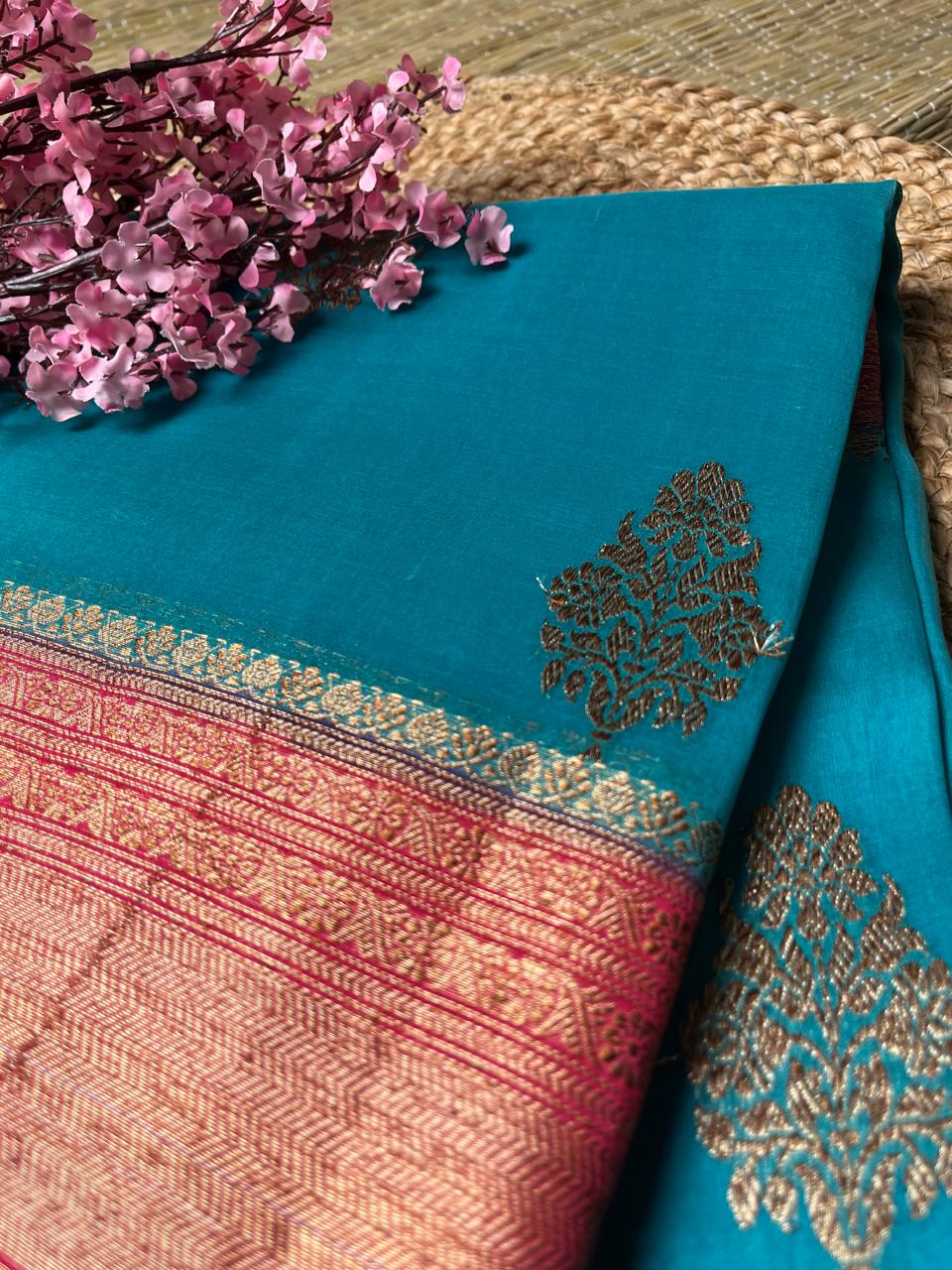 Banarasi Blue Organza Saree Contrast Border