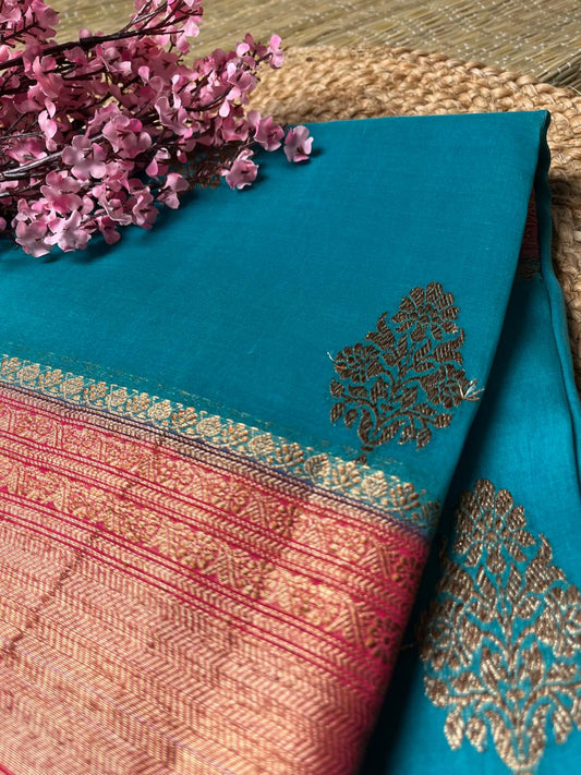 Banarasi Blue Organza Saree Contrast Border