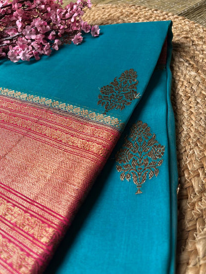 Banarasi Blue Organza Saree Contrast Border