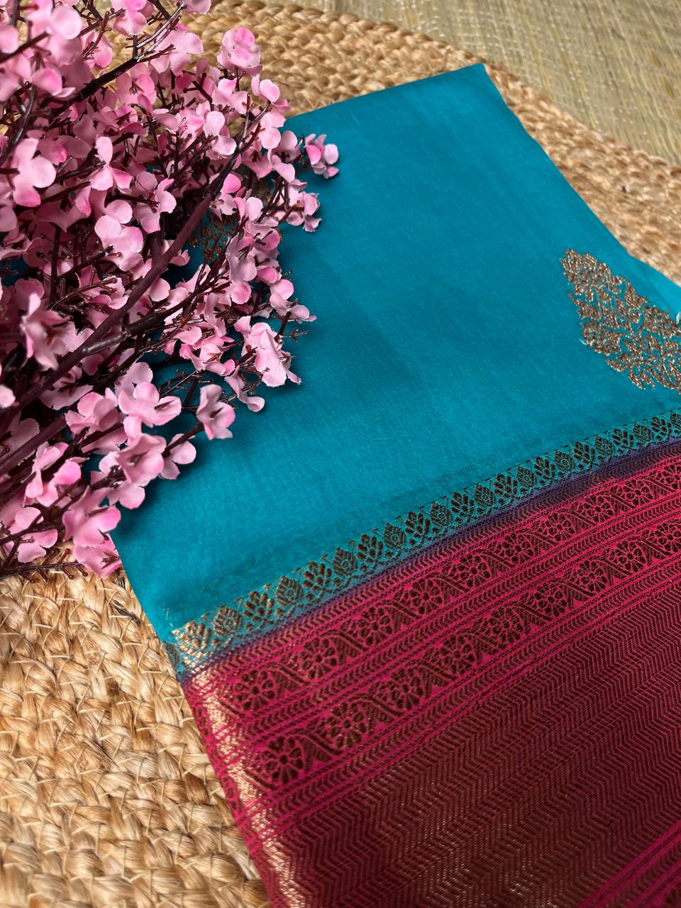 Banarasi Blue Organza Saree Contrast Border