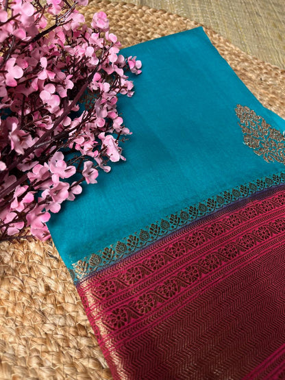 Banarasi Blue Organza Saree Contrast Border