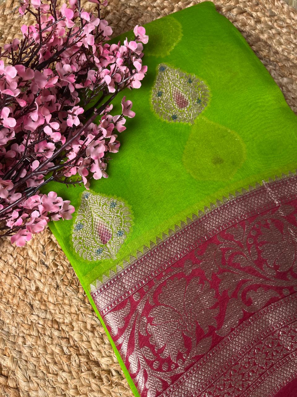 Banarasi Green Organza Contrast Meena Saree