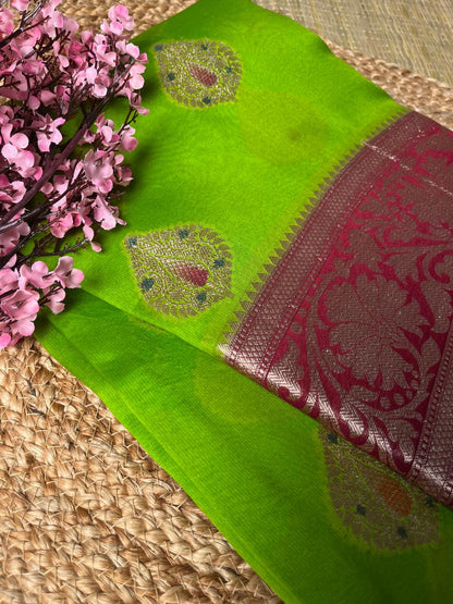 Banarasi Green Organza Contrast Meena Saree
