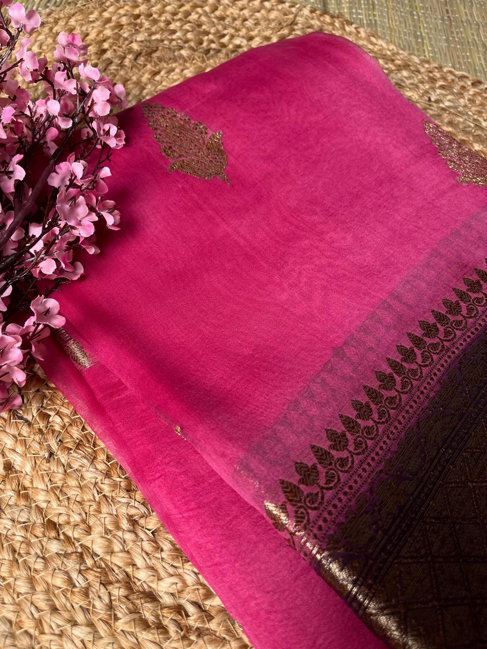 Banarasi Pink Organza Antique Zari Saree
