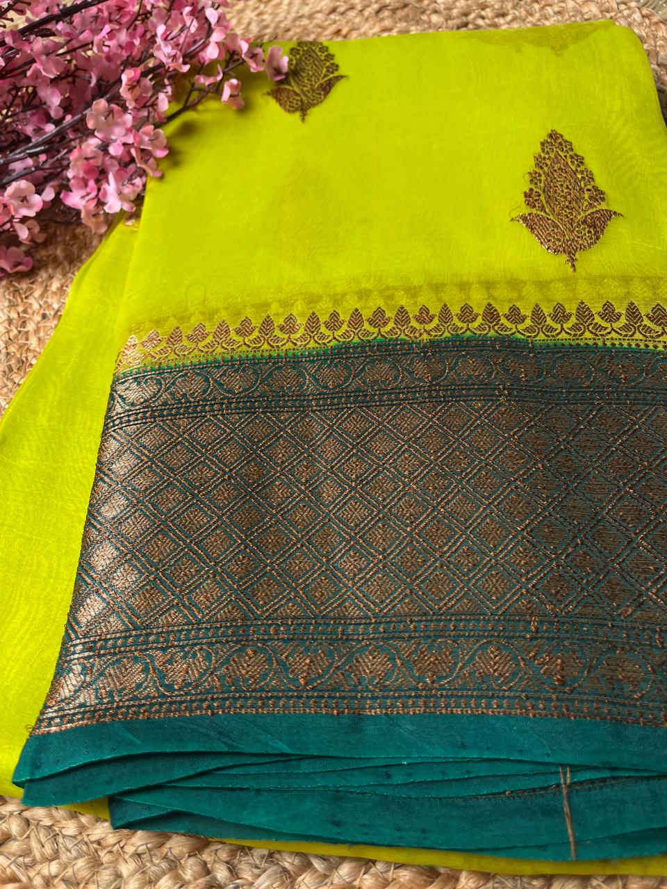 Banarasi Yellow Organza Antique Zari Saree