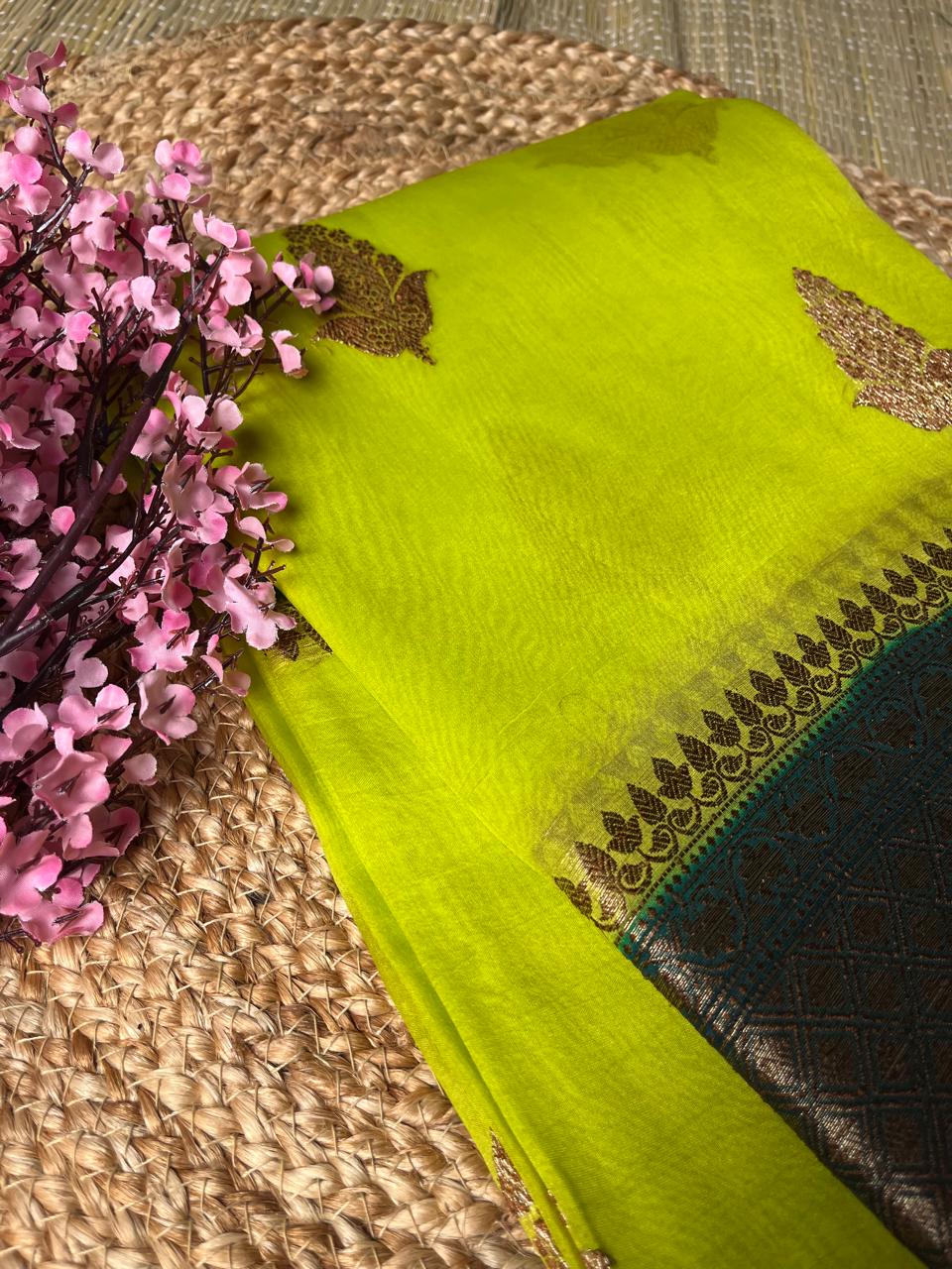 Banarasi Yellow Organza Antique Zari Saree