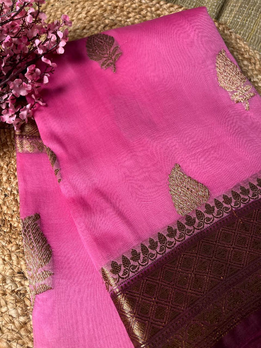 Banarasi Organza Pink Antique Zari Saree