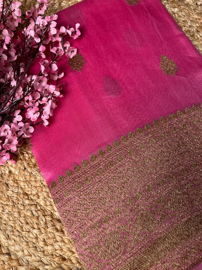 Banarasi Pink Organza Antique Zari Saree