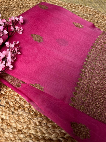 Banarasi Pink Organza Antique Zari Saree