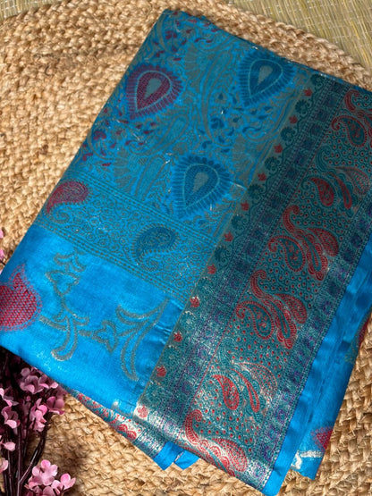 Meena Tussar Blue Banarasi Saree