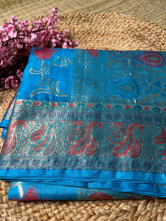 Meena Tussar Blue Banarasi Saree
