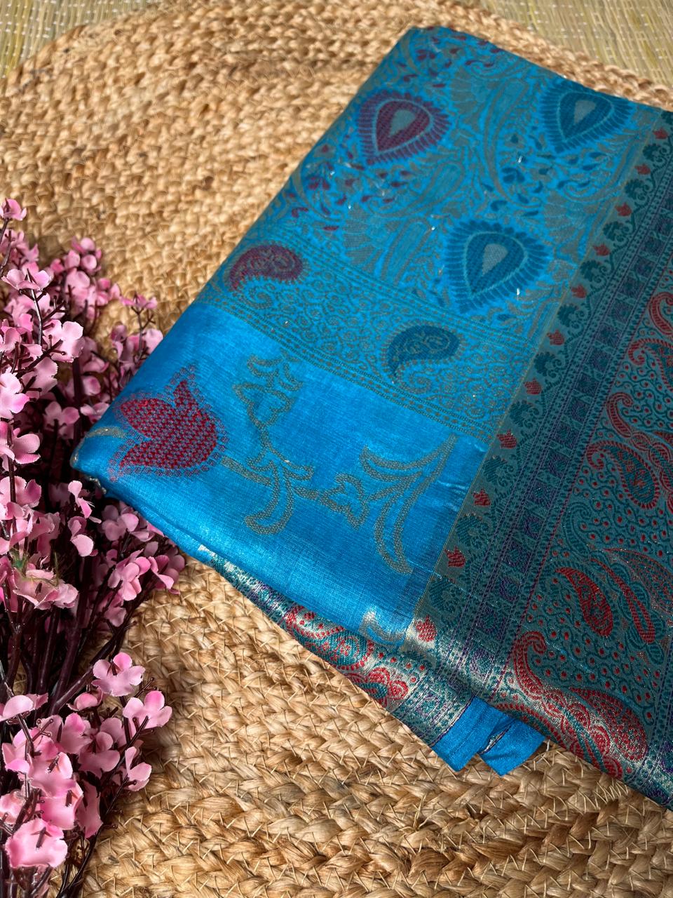 Meena Tussar Blue Banarasi Saree