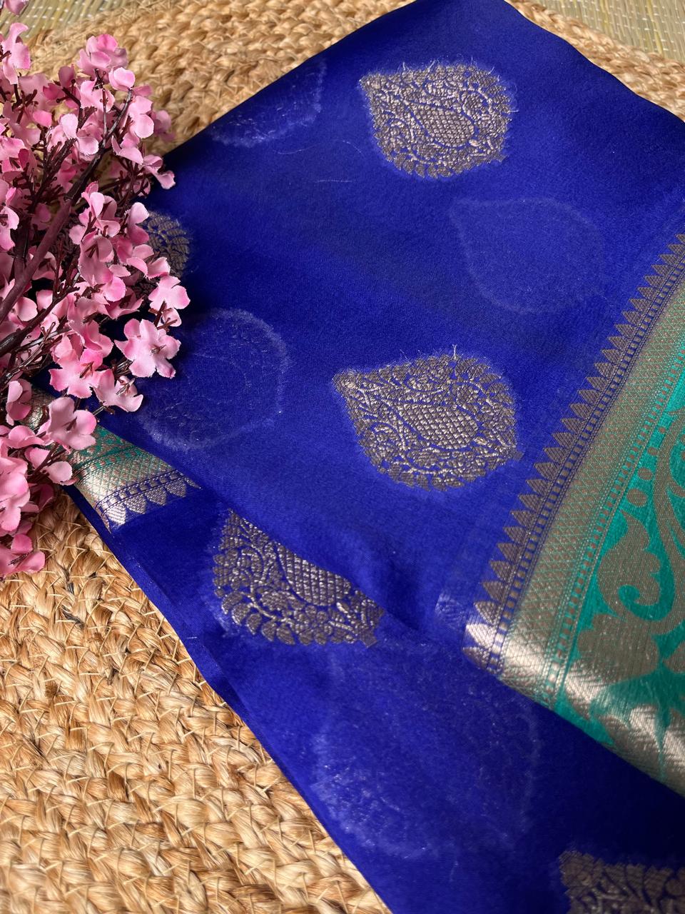 Banarasi Blue Organza Saree Contrast Border