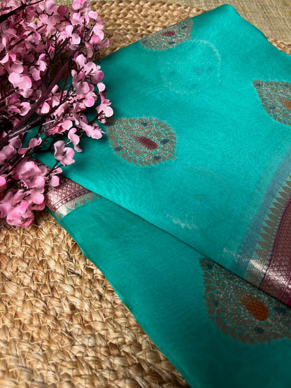 Banarasi Sea Green Organza Saree Meena Contrast Border
