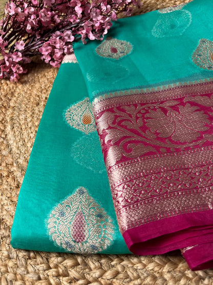 Banarasi Sea Green Organza Saree Meena Contrast Border