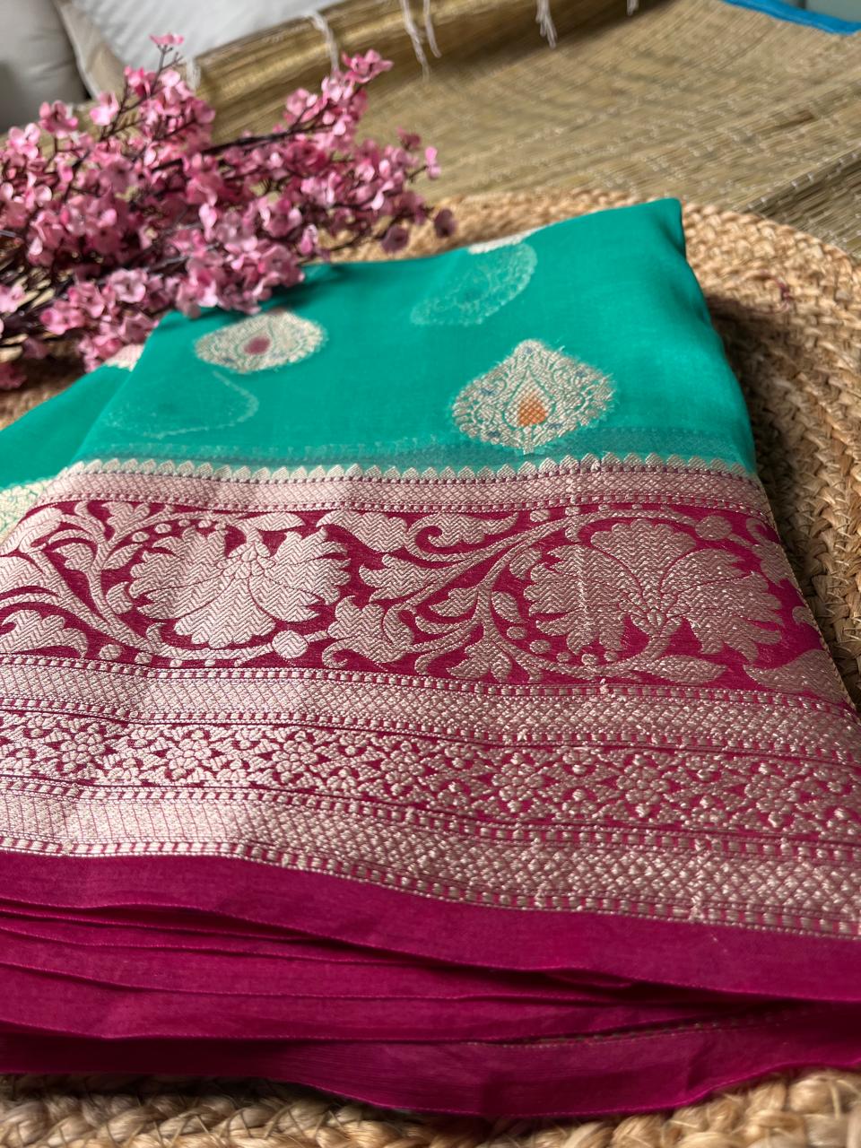 Banarasi Sea Green Organza Saree Meena Contrast Border